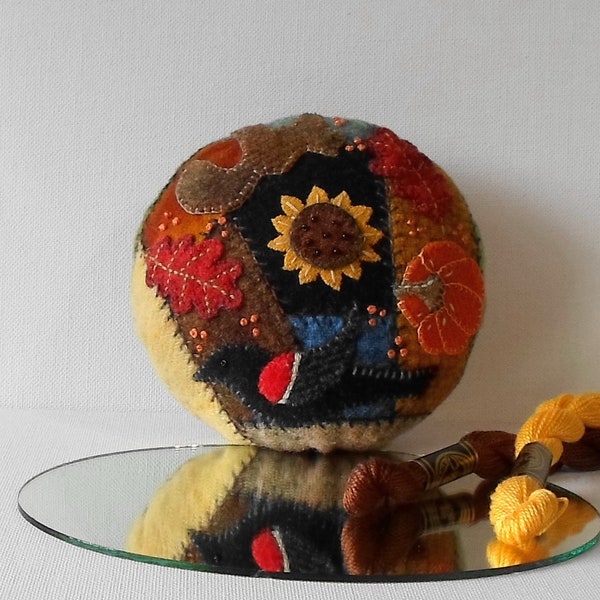 Handmade Red-Wing Black Bird in an Autumn Garden Felted Wool Embroidered Crazy Patch Pincushion