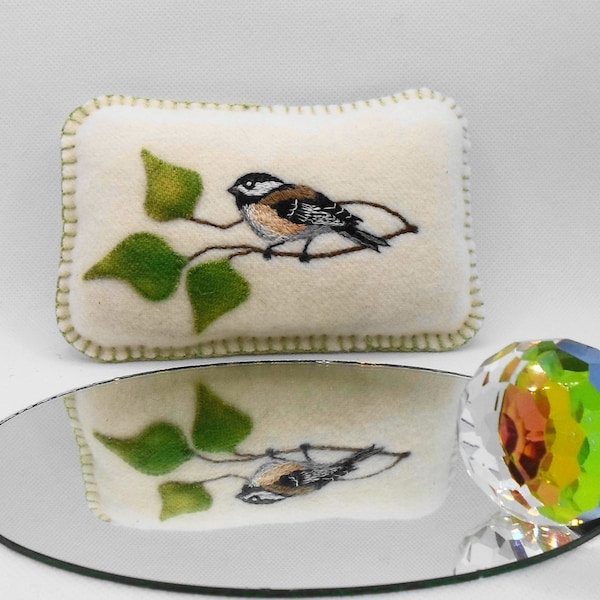 Handmade Mini Pin Cushion Off White Felted Wool Thread Painted Chickadee Pin Cushion