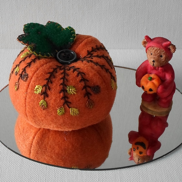 Hand Made Felt Autumn Halloween Dark Orange & Green Pumpkin Decoration