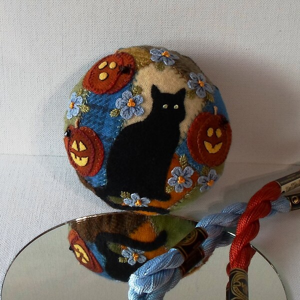 Handmade Black Cat with Jack O Lanterns and Beaded Spiders on a Felted Wool Embroidered Crazy Patch Pincushion