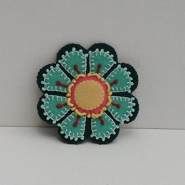 Hand Made Brooch Felted Wool Appliqued & Embroidered Teal and Dark Green Flower