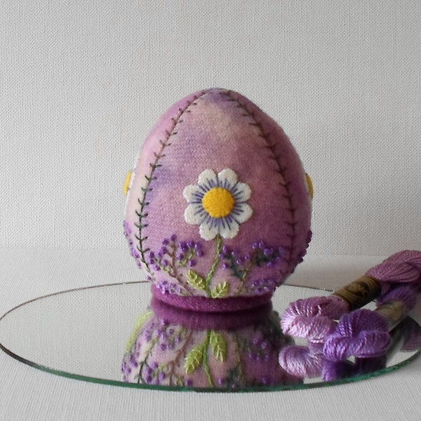 Handmade Victorian Embroidered Egg Pincushion Orchid Felted Wool Purple & White Flowers Pincushion