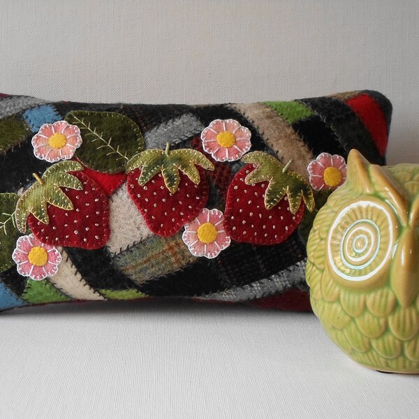 Handmade Pillow Tuck Wool Crazy Patch Pillow with Felted Wool Strawberries and Pink Flowers Shelf Sitter