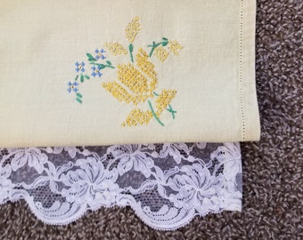 Vintage Linen Tablecloth Square Light yellow White lace