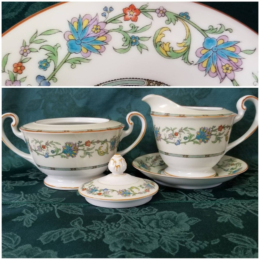Noritake Creamer and Sugar Bowl With Lid Tan Trim Creamer Under Plate