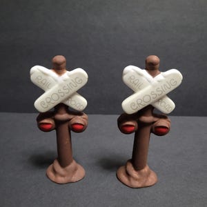 Set of 2 Vintage Porcelain Railroad Crossing Signs; Gently Used/Good Condition; handmade/hand painted in Indonesia 1995, 4 3/8&quot; x 1 3/4&quot;