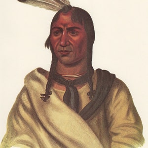 May include: A portrait of a Native American man wearing a white and brown blanket, a black neckerchief, and a feather headdress. His face is painted red.