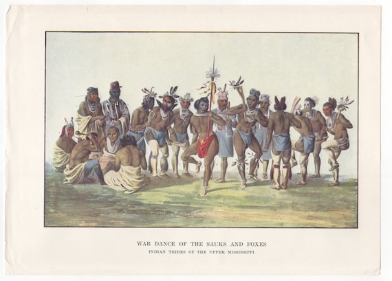 Vintage Native American Indian Print War Dance of the Sauks and