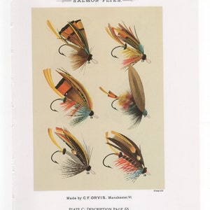 Vintage Fly Fishing Flies Print Salmon Flies Print Bookplate  By Mary Orvis Marbury  Fishing Wall Art Home Decor Cabin  Plates C and D