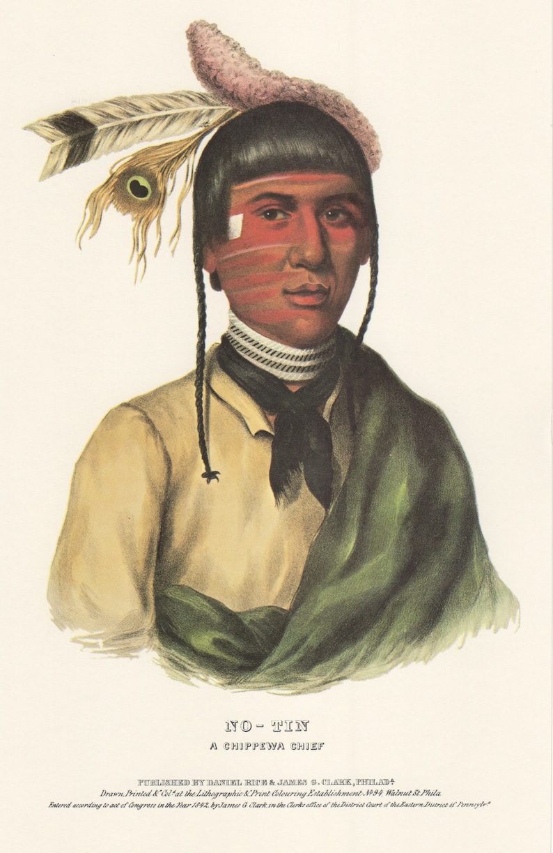 May include: A portrait of No-Tin, a Chippewa Chief, wearing a traditional feathered headdress, a green shawl, and a black neck scarf. The portrait is titled "No-Tin, A Chippewa Chief" and is credited to Daniel Rice & James B. Clark, Philadelphia.