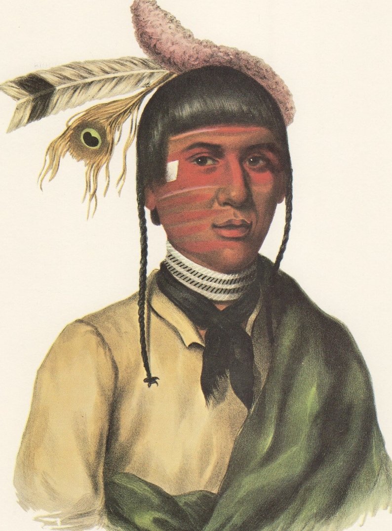 May include: A portrait of a Native American man wearing a feathered headdress, a white and black striped collar, and a green shawl. He has black hair and a red and white painted face.