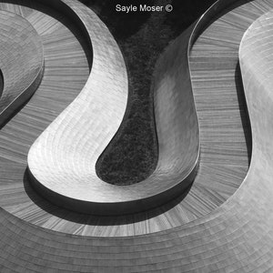 May include: A black and white aerial photograph of a winding, wooden walkway with a unique, curved design.