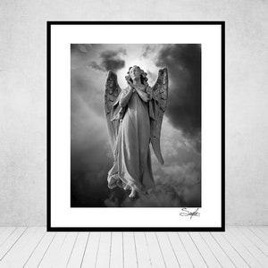 Praying Angel 5 Black and White Fine Art Photograph, Room Decor, Angel Wings Wall Art, Gift, Guardian Angel Statue Photo, Spiritual Image image 1