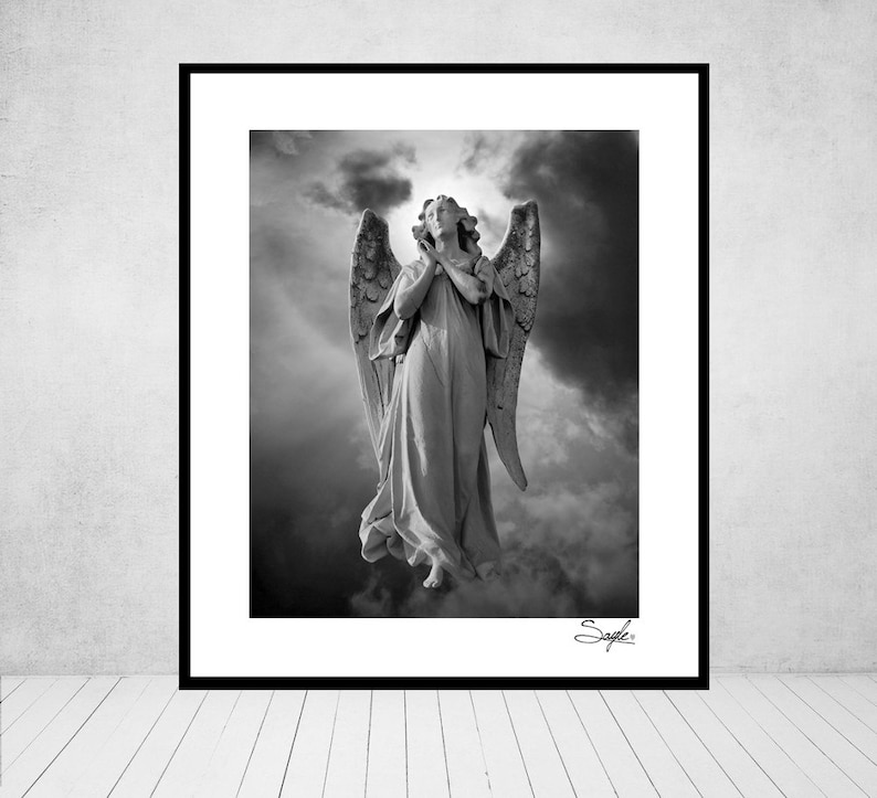 Praying Angel 5 Black and White Fine Art Photograph, Room Decor, Angel Wings Wall Art, Gift, Guardian Angel Statue Photo, Spiritual Image image 1