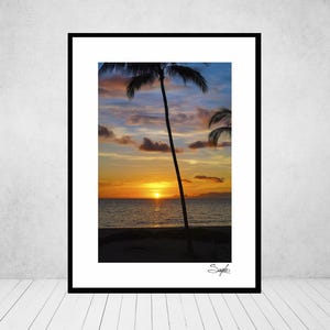 Hawaii Sunset 2 Fine Art Photograph, Tropical Wall Art, Big Island Image, Kona Coast, Palm Trees, Hapuna Beach State Recreation Area Photo