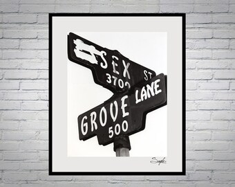 Sex Street Road Sign Fine Art Photograph, Gallery Wall Art, Room Decor, Black and White Image, Street Photography, Word Print, Photo Gift