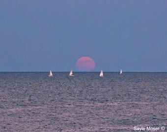 Lake Michigan 15 Full Blue Moon Fine Art Photograph, Wall Art, Room Decor, Full Moon Image, Photo Gift, Water Print, Sailboat Photography