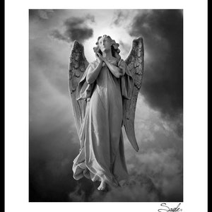 Praying Angel 5 Black and White Fine Art Photograph, Room Decor, Angel Wings Wall Art, Gift, Guardian Angel Statue Photo, Spiritual Image image 4