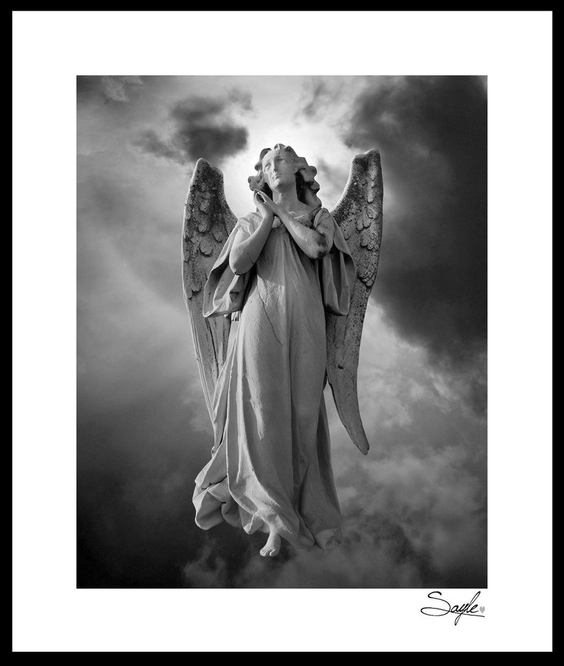 Praying Angel 5 Black and White Fine Art Photograph, Room Decor, Angel Wings Wall Art, Gift, Guardian Angel Statue Photo, Spiritual Image image 4