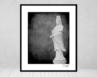 Quan Yin Statue Black and White Fine Art Photograph, Wall Art, Spa Decor, Spiritual Image, Gift, Goddess of Compassion Print, Healing Art