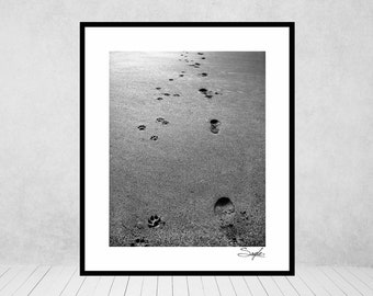 Footprints, Me and my Dog on a Beach Walk Photograph, Wall Art, Home Decor, Black and White Images, Photo Gift, Paw Prints in Sand, Memories