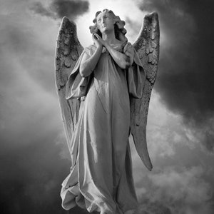 Praying Angel 5 Black and White Fine Art Photograph, Room Decor, Angel Wings Wall Art, Gift, Guardian Angel Statue Photo, Spiritual Image image 2