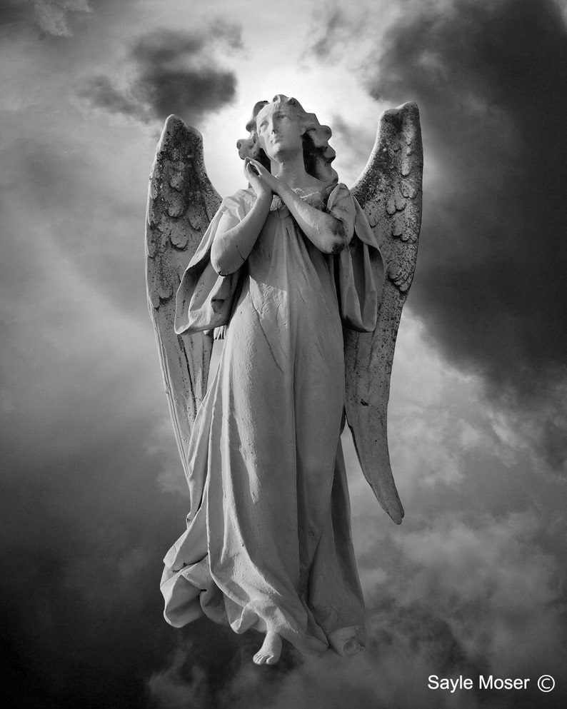 Praying Angel 5 Black and White Fine Art Photograph, Room Decor, Angel Wings Wall Art, Gift, Guardian Angel Statue Photo, Spiritual Image image 2