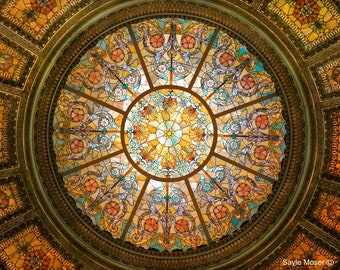 Healy and Millet Stained Glass Dome Ceiling in Chicago Cultural Center Fine Art Photograph, Wall Art, Architecture Print, Chicago Image