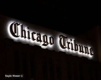 Chicago Tribune Sign Fine Art Photograph, Wall Art, Architecture Print, High Contrast Image, Chicago Newspaper Sign Photo, Photo Gift