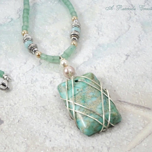 Wire Wrapped Pendant Necklace Sea Beaded Green Jewelry Wire Work Fashion Artisan Jewelry Boho Casual Women's Gift for Her Casual