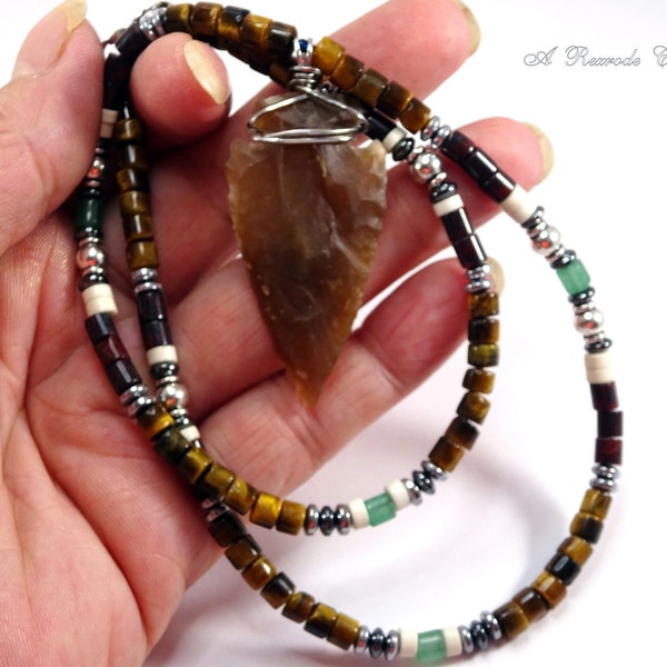 Men's Beaded Jewelry Native American Arrowhead Wire Work Necklace Tigers Eye Husband Gift Idea Men's Gift for Him Boyfriend Nature Lover