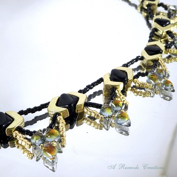 Black Beaded Necklace Black and Gold Beadweave Collar Statement Necklace Formal Fashion Jewelry Women's Gift for Her Holiday Jewelry