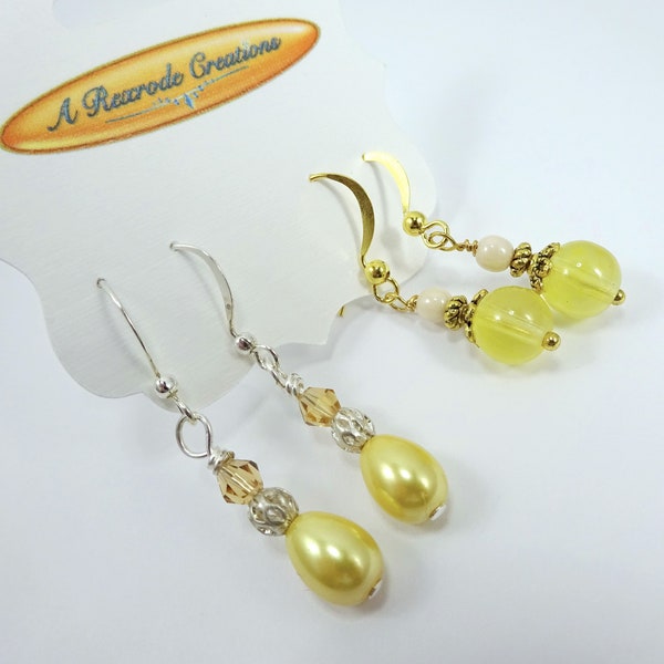 Yellow Earrings Petite Minimal Office Jewelry Two Pair Silver and Gold Tone