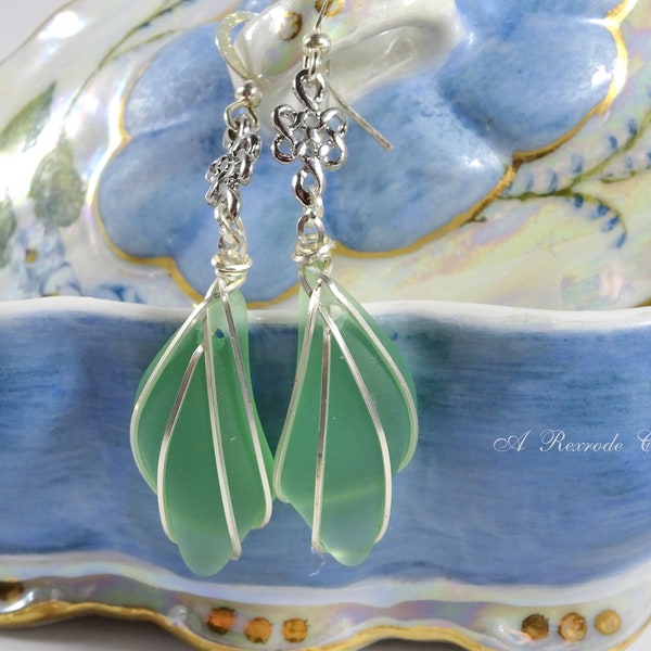 Wire Wrapped Dangle Earrings Cultured Green Sea Glass Jewelry Beach Glass Celtic Fashion Women's Gift Idea for Her Mom Friend