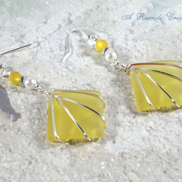 Yellow Sea Glass Wire Wrapped Glass Jewelry Beach Glass Earrings Summer Stylish Jewelry Women's Gift for Her Fashion Beach Office Vacation