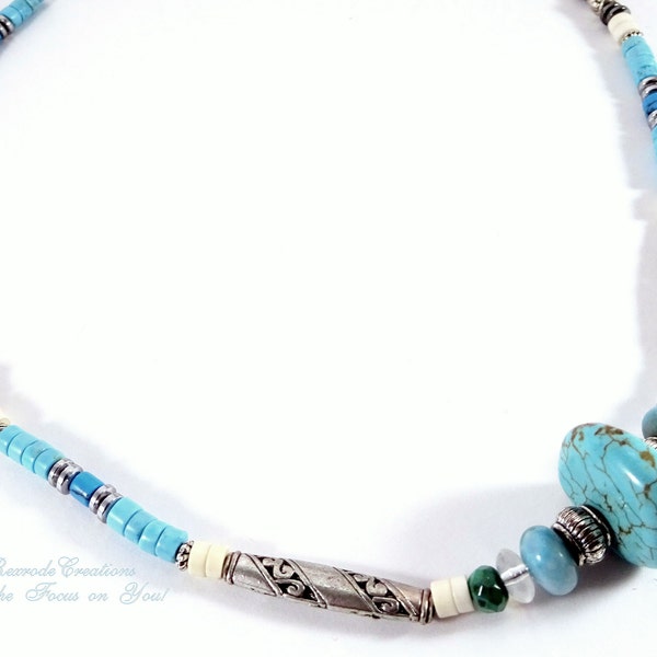 Native American Style Unisex Beaded Necklace Turquoise and Bone Surfer Jewelry Mens Gift Idea for Him or Her Nature Lover Boho Bohemian