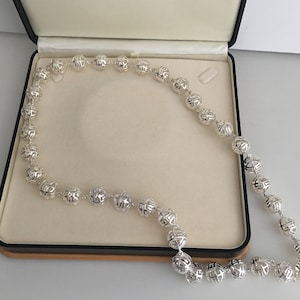 SALE Sterling Silver Bead Necklace One of A Kind Measures 26 Inches Long, Slips Over Head. Having 36 Round Exclusive Custom Design Beads Of Open Work Design. Hand Assembled In USA Will Arrive Boxed And Wrapped. Perfect For Oneself Or Gift Giving.