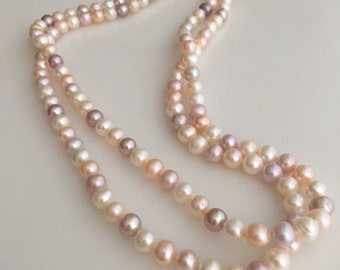 SALE Beautiful Cultured Pearl Necklace Multi Color Strung  Knotted On Silk Thread Measuring 41 Inches 7.5 mmX8.5 mm Sterling Clasp