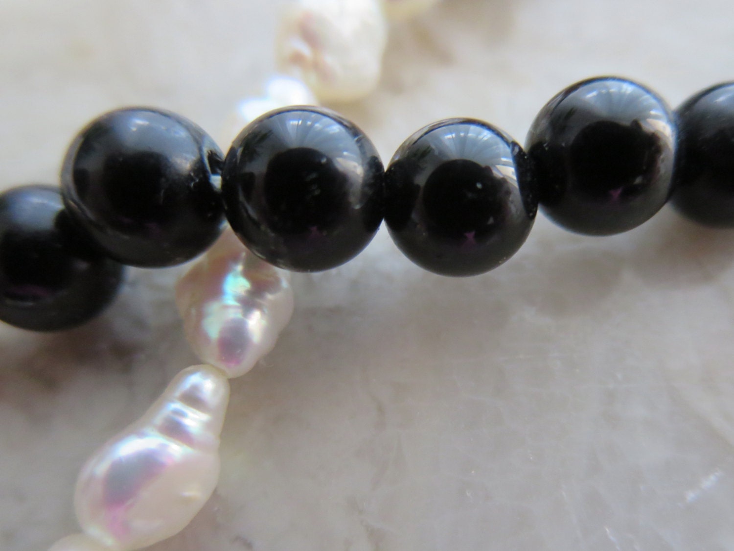 SALE Black Onyx Beads and Fresh Water Pearls Necklace With 14K - Etsy