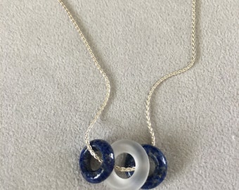 Mother's Day Special Sterling Silver Necklace Frosted Crystal and Lapis Gems One of A Kind 16 Inches Long Assembled In America