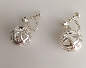 SALE Sterling Silver Earrings Screw Back Dangling Sphere Design Round Open Work Exclusive Made In America