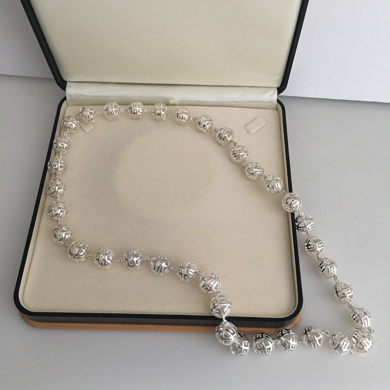SALE Sterling Silver Bead Necklace One of A Kind Measures 26 Inches Long, Slips Over Head. Having 36 Round Exclusive Custom Design Beads Of Open Work Design. Hand Assembled In USA Will Arrive Boxed And Wrapped. Perfect For Oneself Or Gift Giving.