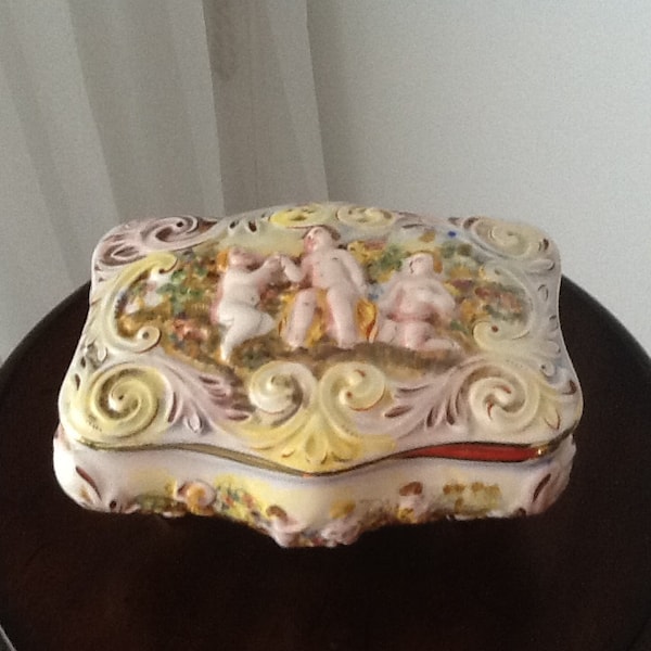 Mother's Day Special Vintage Capodimonte Hinged Covered Box Circa 1950 Cherub Design Measures 6 1/2 X 3 1/2 Inches Collectors Find