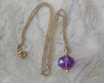 Amethyst Pendant 14K Yellow Gold Chain With Barrel Shape Faceted Amethyst