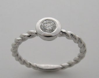 SALE Diamond Ring 14K White Gold Twist Design With  Bezel Set Round Full Cut Natural Diamond 0.25 Ct., H/VS Made In USA