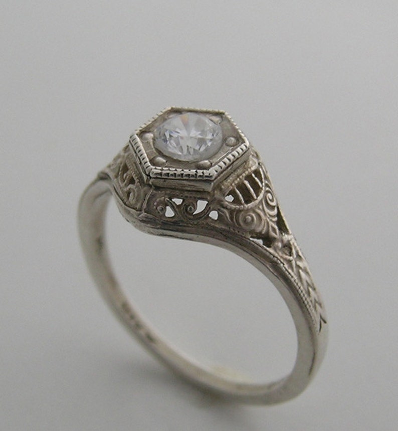 14K White Gold Filigree Antique Art Deco Style Diamond Ring Etsy