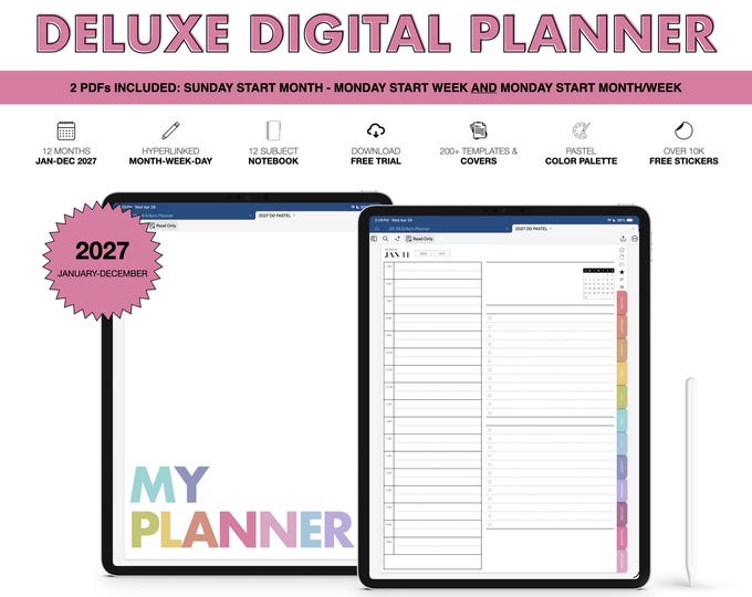 2027 Digital Planner for Goodnotes, Notability, 12 Subject Notebook  (Deluxe in Pastel Color)