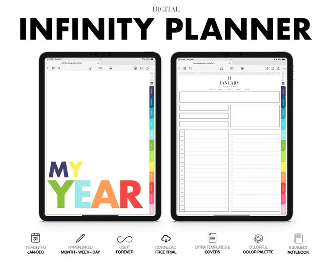Digital INFINITY Planner | Monthly, Weekly and Daily | 6 Subject Notebook | Hyperlinked | for Goodnotes (Colorful Color)
