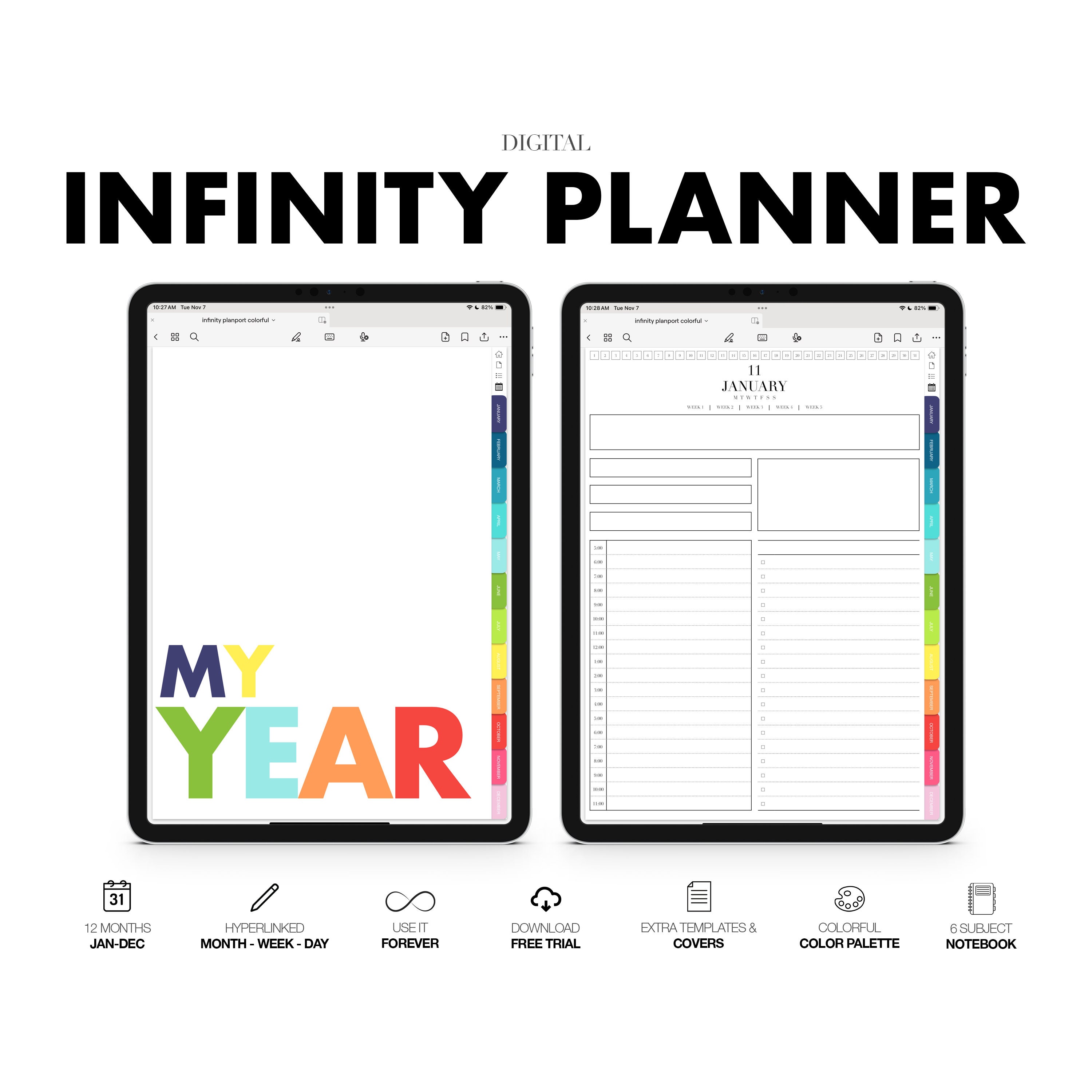 Planner digitale INFINITY e quaderno con 6 argomenti / con collegamento ipertestuale / Planner mensile, settimanale e giornaliero / Appunti - Goodnotes / Colorato