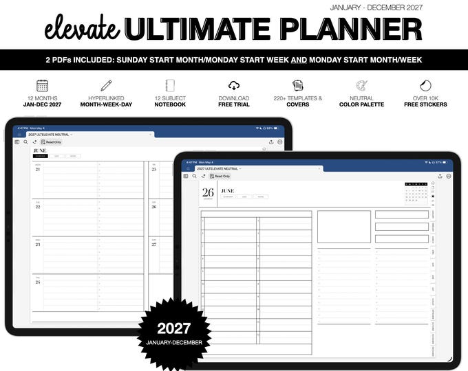 2027 Digital Planner for Goodnotes, Notability, 12 Subject Notebook (Ultimate Elevate in Neutral Color)
